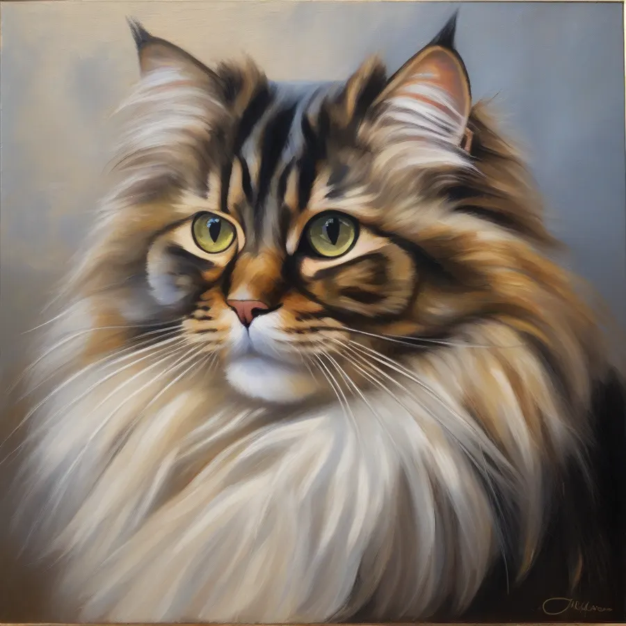 Oil painting of a fluffy Siberian cat