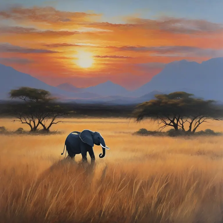 Acrylic on canvas full-body side-view centered focus depiction of an elephant with tusks