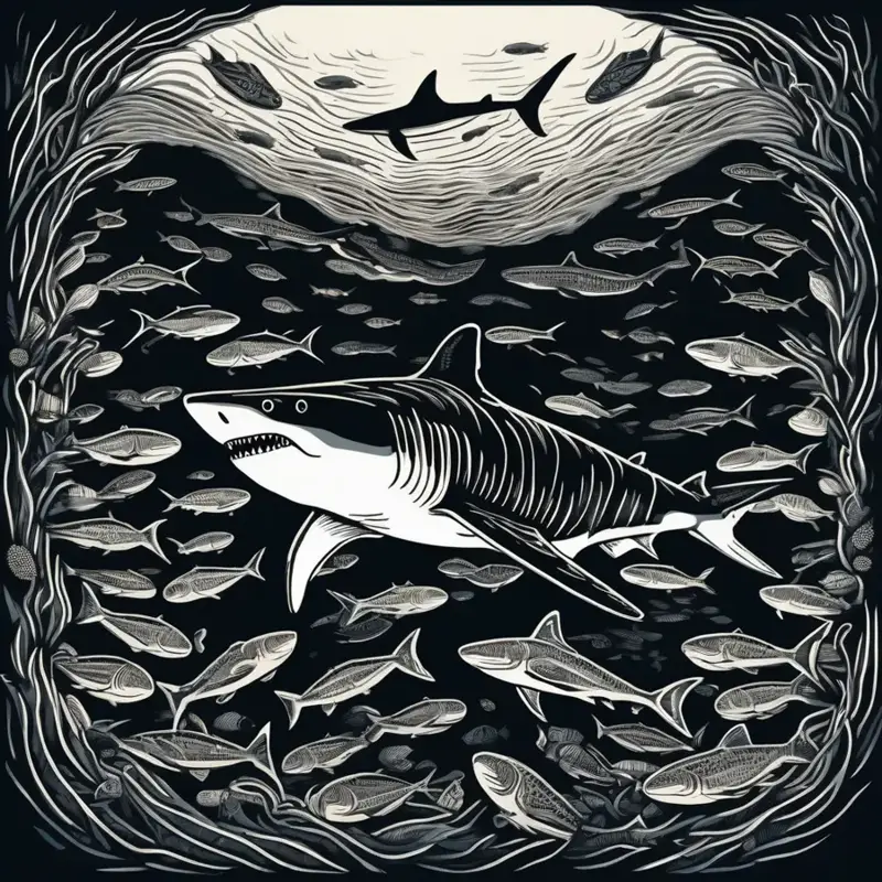 Linocut print of a great white shark with sharp teeth surrounded by a school of fish in deep-sea ambiance