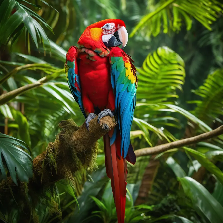 Photo of a vibrant macaw parrot perched on a tropical branch with rainforest backdrop, detailed feathers, and alert eyes