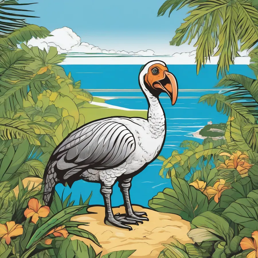 Vector art cartoon of a dodo bird in its Mauritian habitat with stout hooked beak and island flora