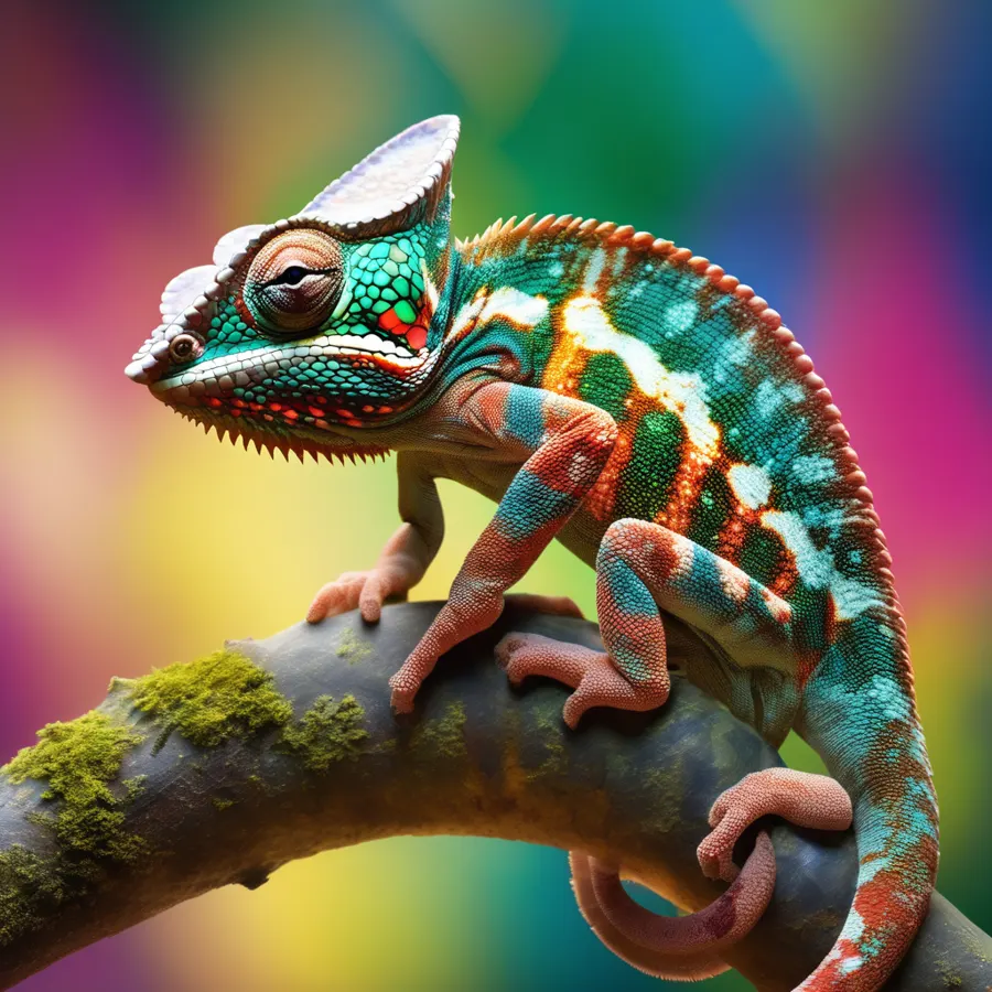 High-resolution image of a chameleon mid-color change showing textured skin against a kaleidoscopic background