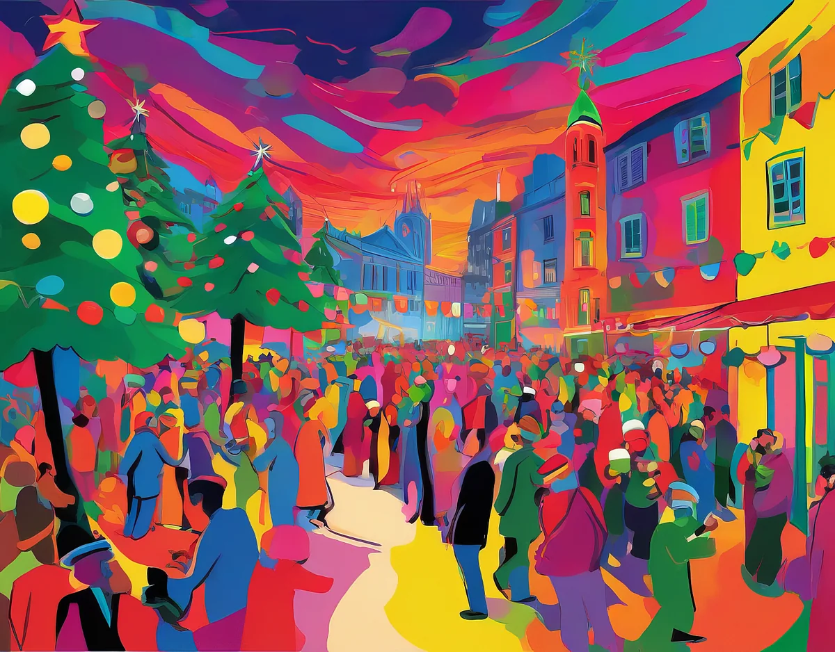 Colorful abstract Christmas celebration with trees, crowds, bright buildings, and expressive painted shapes