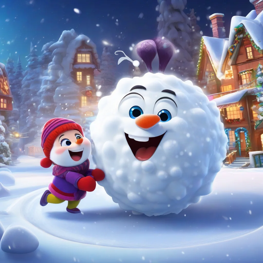 Cartoon winter scene with a child and a smiling snowball character in a snowy village