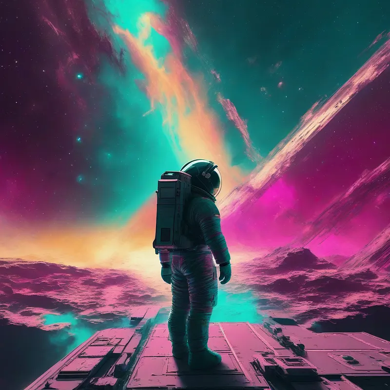 Astronaut standing on an alien surface under teal and magenta nebula light