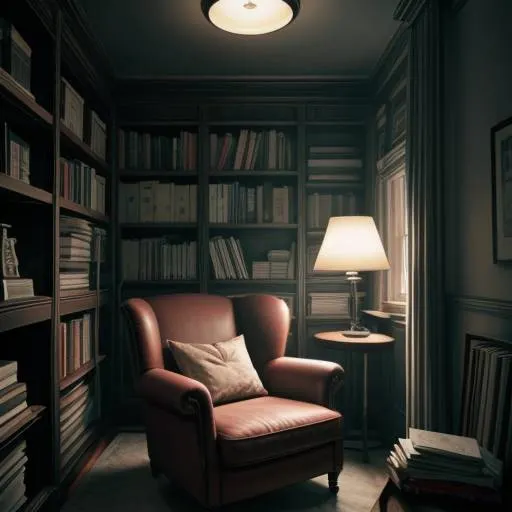 Reading nook framed by dark bookshelves and a single armchair