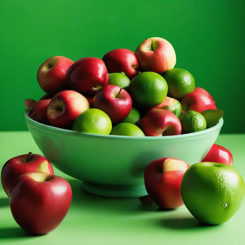 Bowl of red apples and green limes on a green background