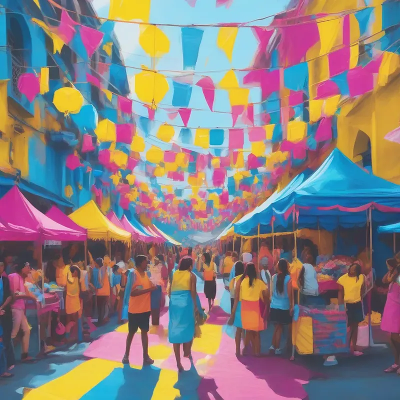 Street festival filled with blue, yellow, and pink stalls