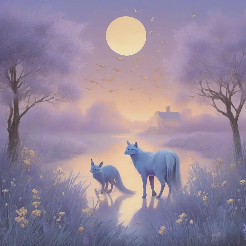 Lavender twilight scene with deer under a pale moon