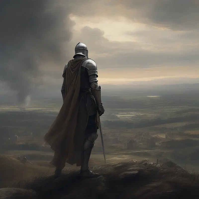 Knight standing on a hill under a stormy sky