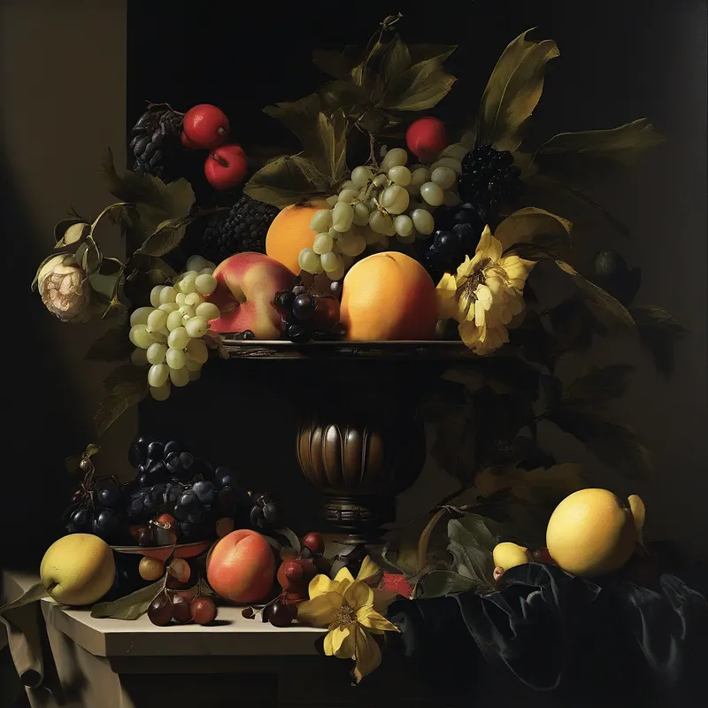 Baroque still life with fruit and flowers in deep shadow