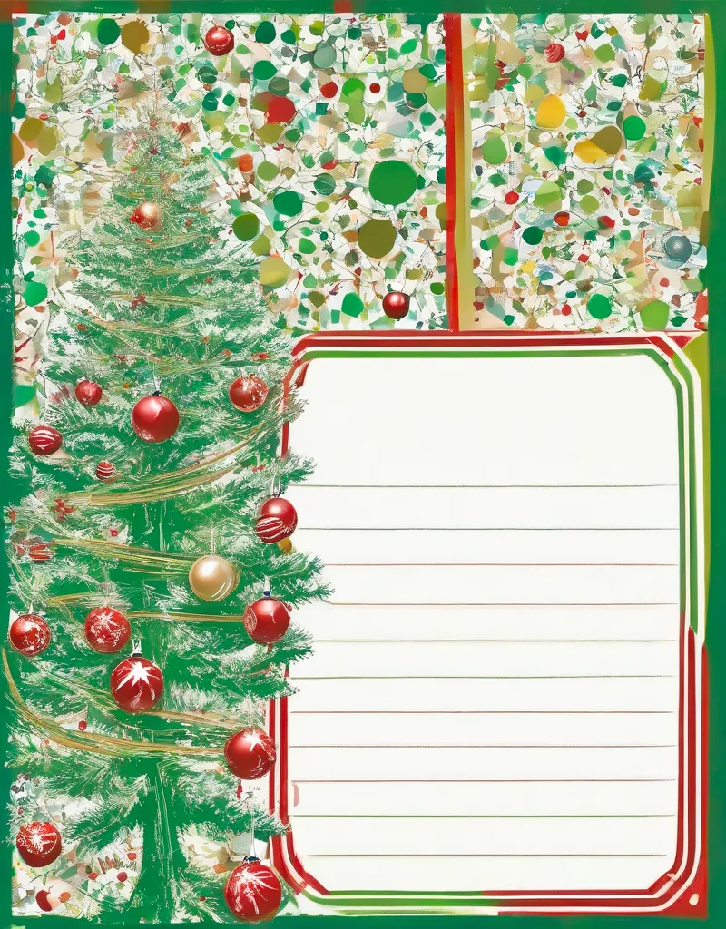 Christmas greeting card with a vibrant tree and bordered blank area for writing in a Jackson Pollock-inspired style