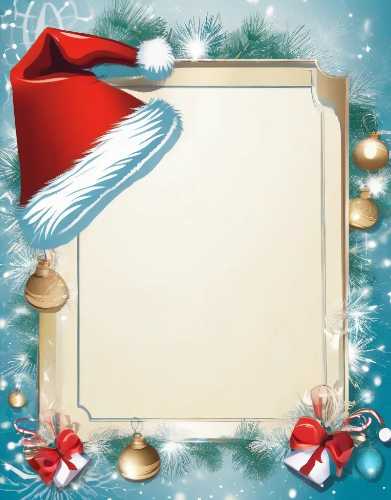 Cyanotype Christmas greeting card with a Santa hat, bells, presents, and blank writing area