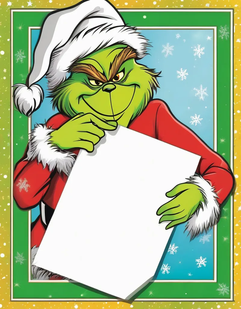Cartoon Christmas greeting card with the Grinch, thick outlines, and blank writing area