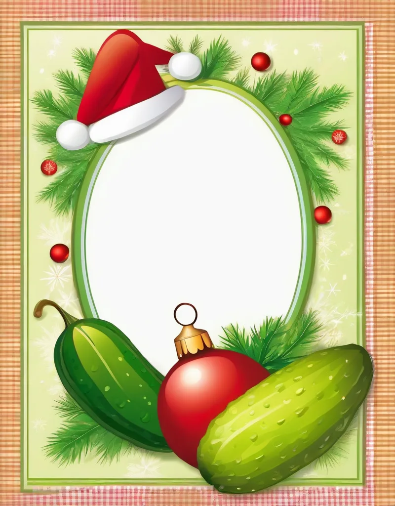 Pickled cucumbers Christmas greeting card in cartoon vector art with thick outlines and a blank writing area