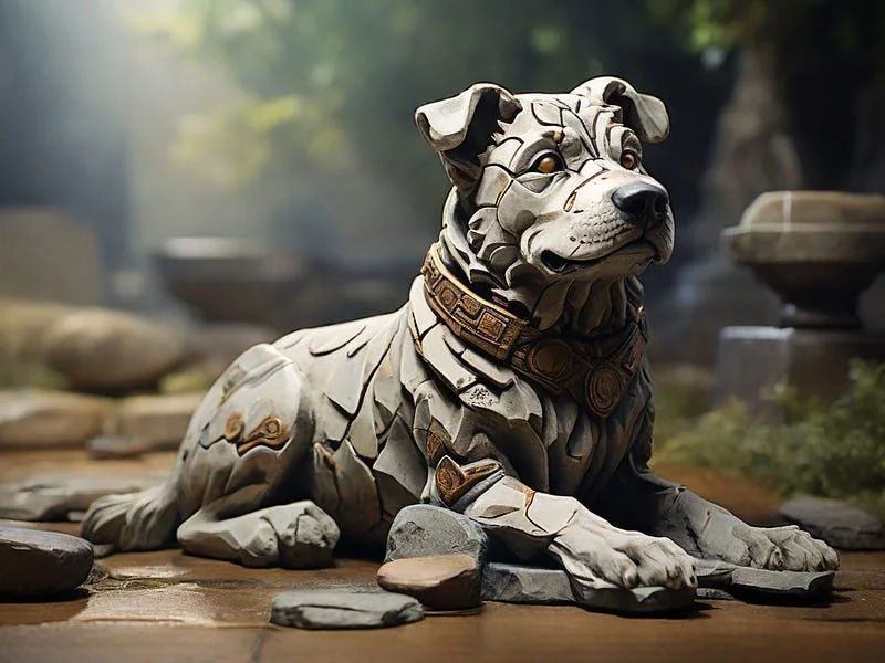 Stone texture prompt example, A dog made of stone
