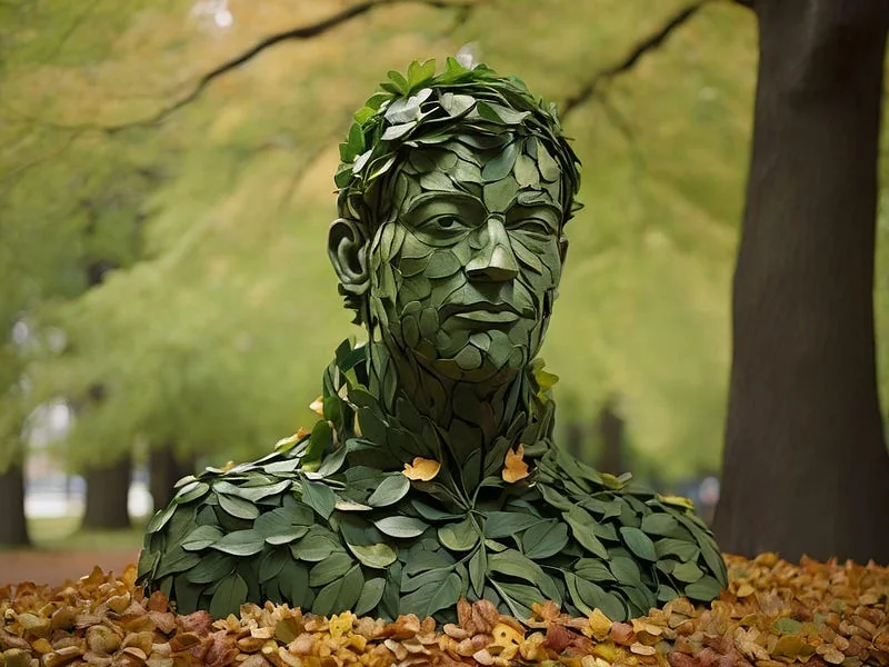 Leaves texture prompt example, a sculpture of a man, made entirely by leaves