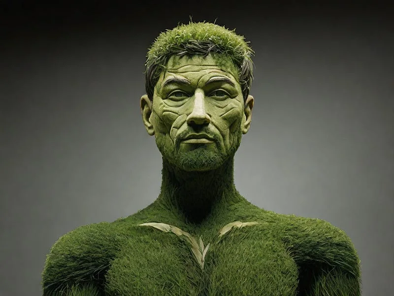 Grass texture prompt example, a sculpture of a man, made entirely by grass