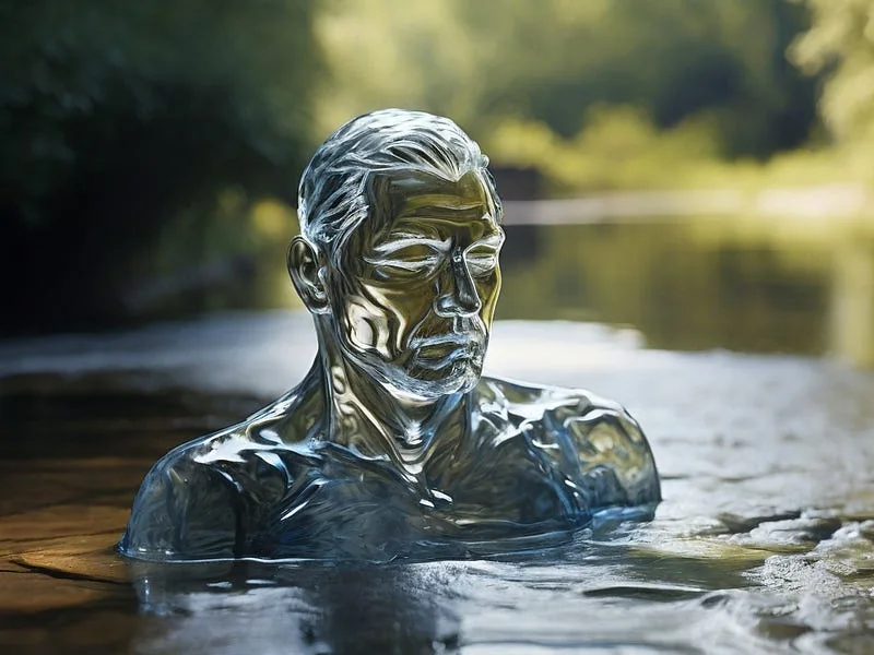 Water texture prompt example, A sculpture of a man, (made out of water)