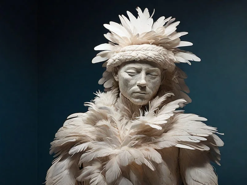 Feather texture prompt example, A sculpture of a man, (made out of feathers)