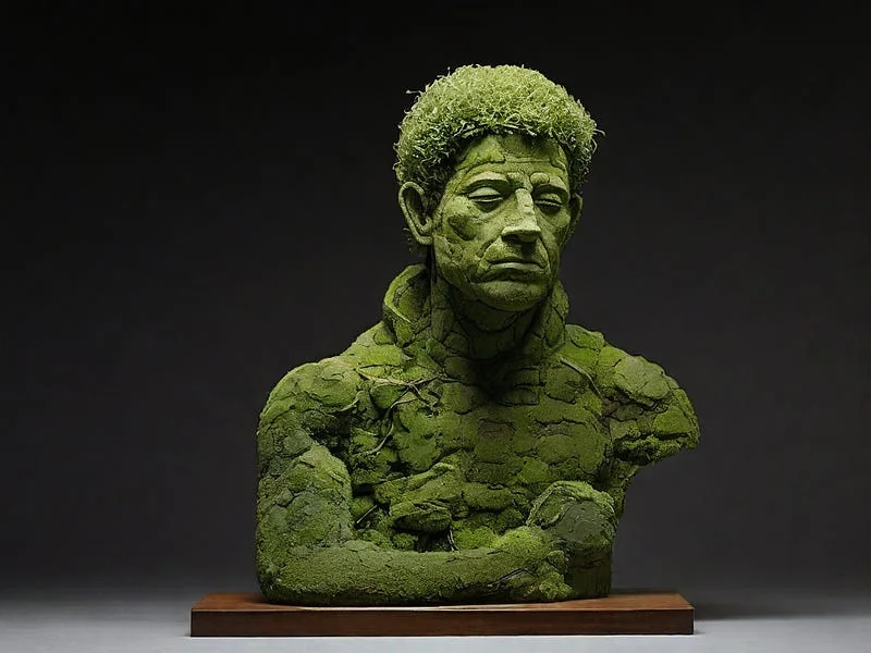 Moss texture prompt example, A sculpture of a man, (made out of moss)