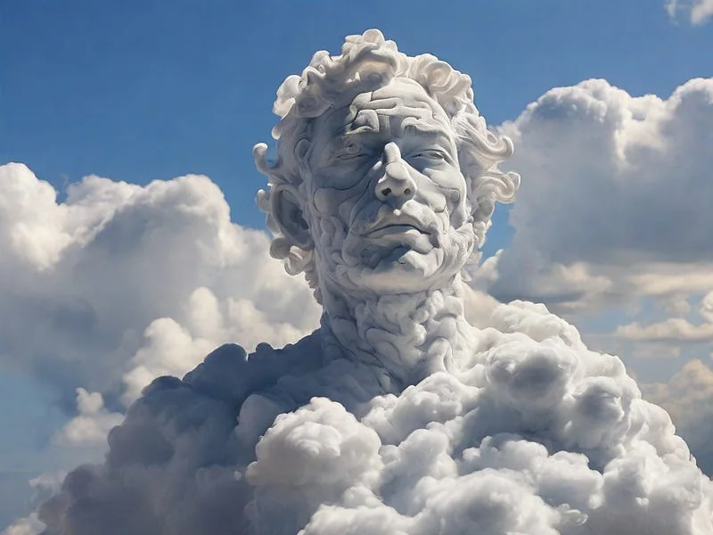 Clouds texture prompt example, A sculpture of a man, (made out of clouds)