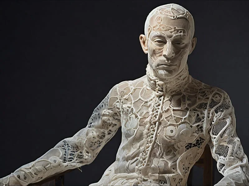 Lace texture prompt example, A sculpture of a man, (made out of lace)