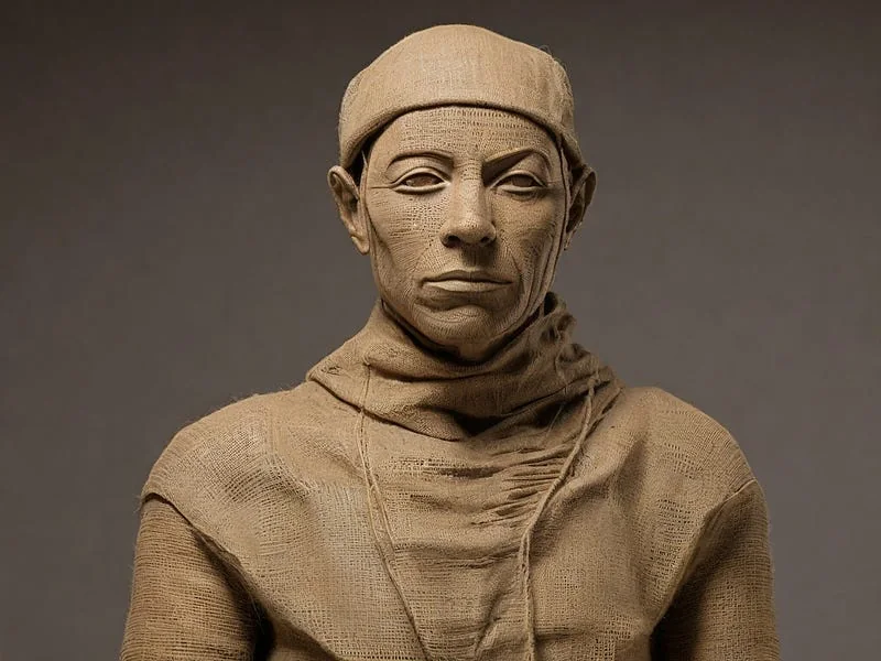 Hessian (Burlap) texture prompt example, A sculpture of a man, (made out of Hessian Burlap)
