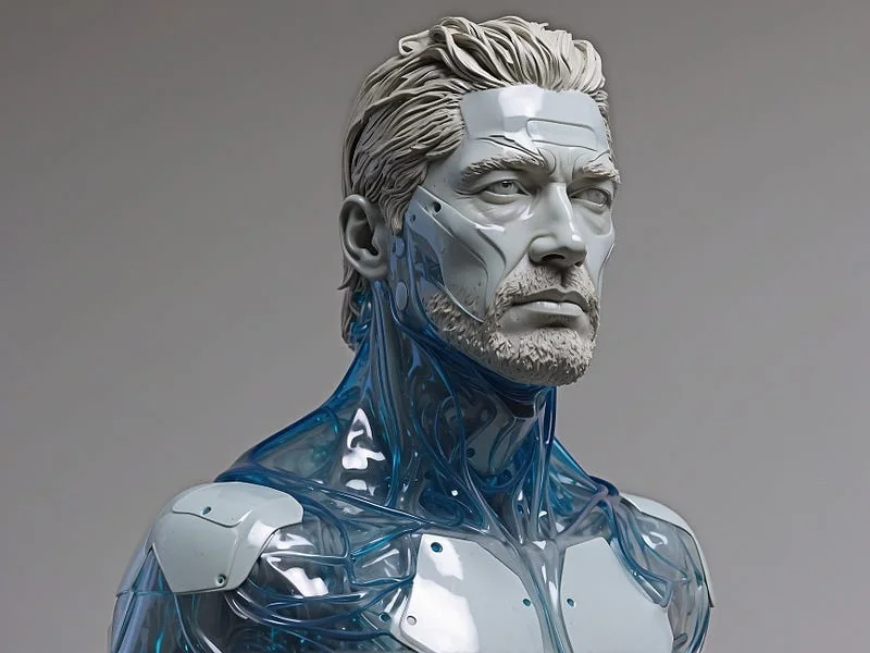 Plastic texture prompt example, sculpture of a man, (made out of plastic), high resolution, high fidelity, detailed texture, photo