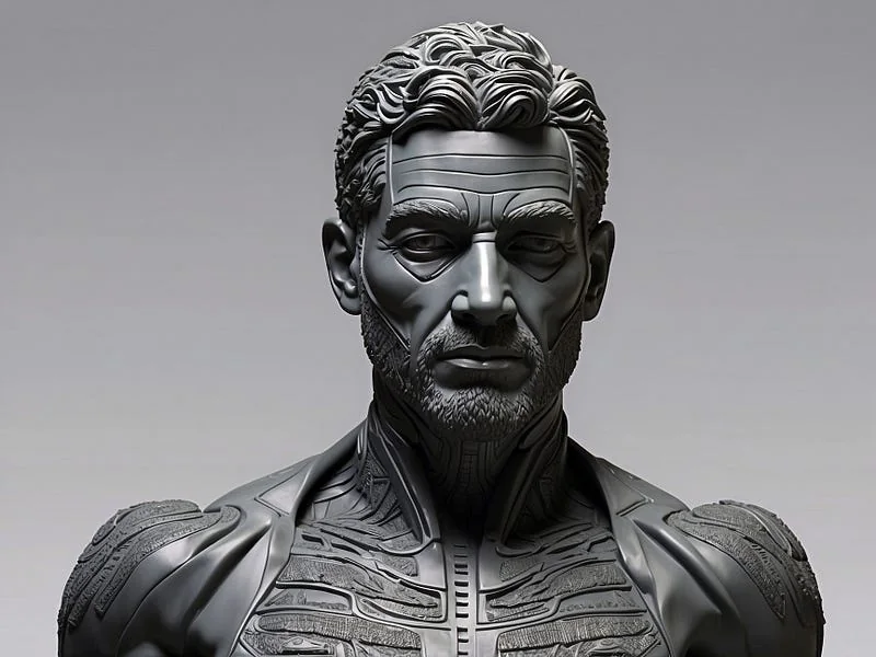 Rubber texture prompt example, sculpture of a man, (made out of rubber), high resolution, high fidelity, detailed texture, photo