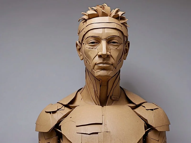 Cardboard texture prompt example, sculpture of a man, (made out of cardboard), high resolution, ((high fidelity)), detailed texture, photo