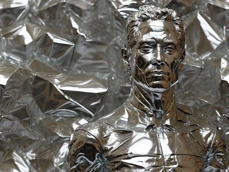 Aluminum Foil texture prompt example, sculpture of a man, (made out of aluminum foil), high resolution, ((high fidelity)), detailed texture, photo