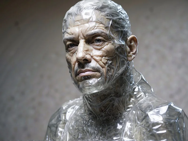 Bubble Wrap texture prompt example, sculpture of a man, (made entirely out of bubble wrap), high resolution, ((high fidelity)), detailed texture, photo