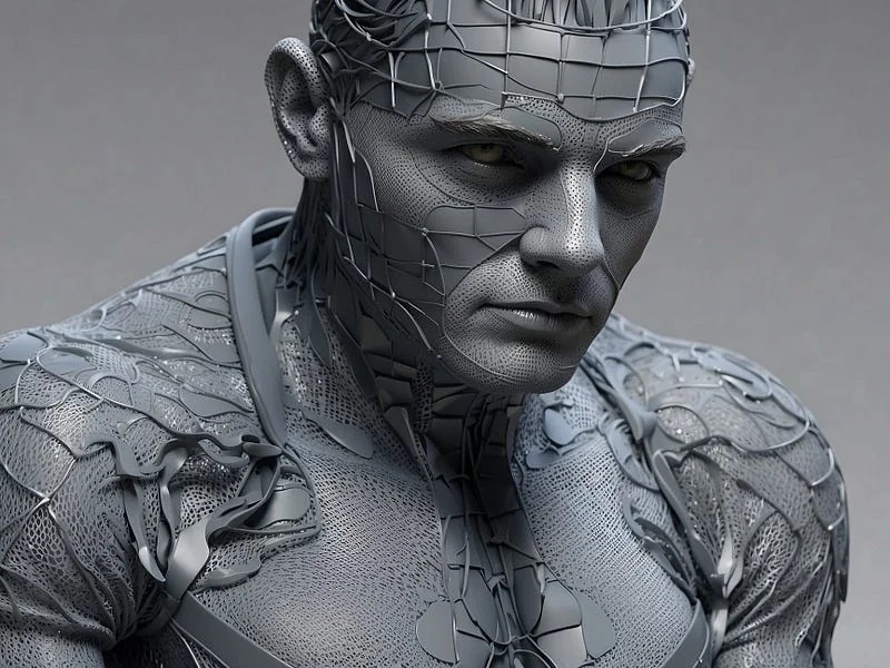 Mesh texture prompt example, sculpture of a man, (made entirely out of mesh), high resolution, ((high fidelity)), detailed texture, photo