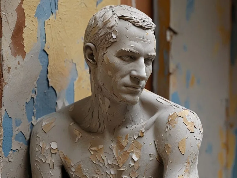 Peeling Paint texture prompt example, sculpture of a man, (peeling paint), high resolution, ((high fidelity)), detailed texture, photo
