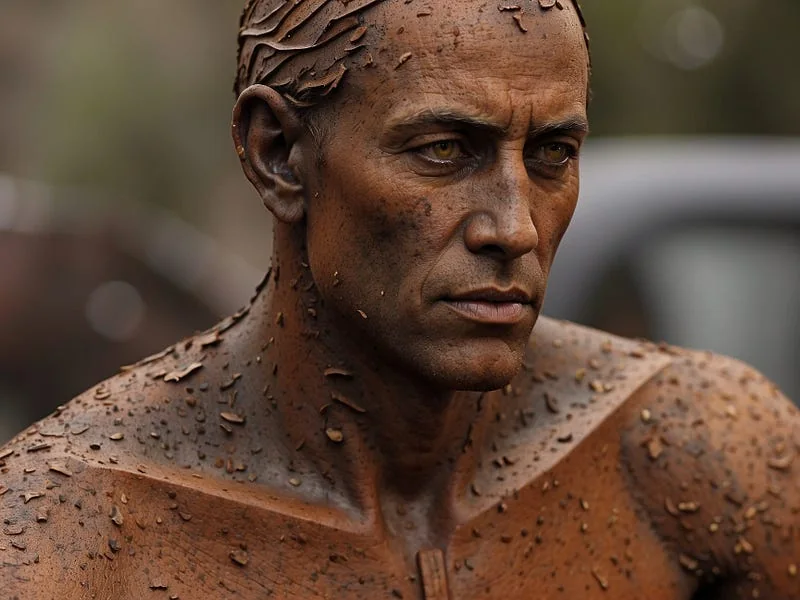 Rust texture prompt example, sculpture of a man, (rust), high resolution, ((high fidelity)), detailed texture, photo