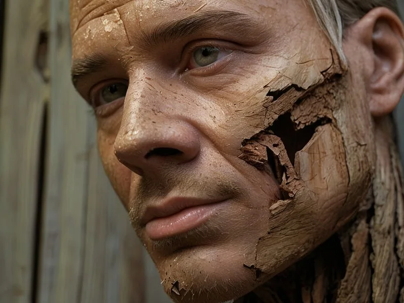 Decayed Wood texture prompt example, a man, (skin made out of heavily decayed wood:1.2), high resolution, ((high fidelity:1.1)), detailed textures, photo