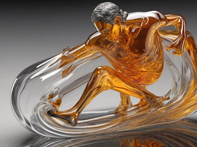 Molten Glass texture prompt example, flowing molten glass depicting a man, high resolution, high fidelity:1.1, detailed texture, photo