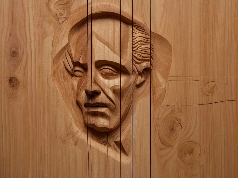 Wood texture prompt example, wood depicting a man, high resolution, high fidelity:1.1, detailed texture, photo