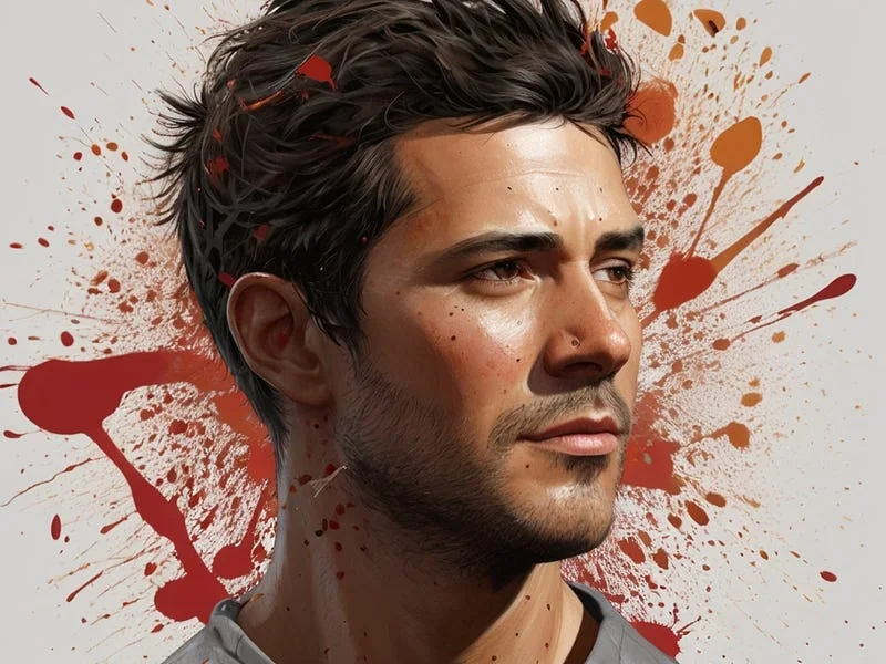 Splatter texture prompt example, splatter, depicting a man, high resolution, high fidelity:1.1, detailed texture, photo