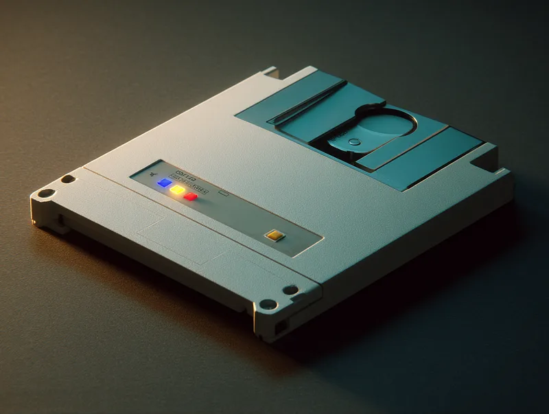 Floppy disk shown as a clean tech product photograph with a blue background