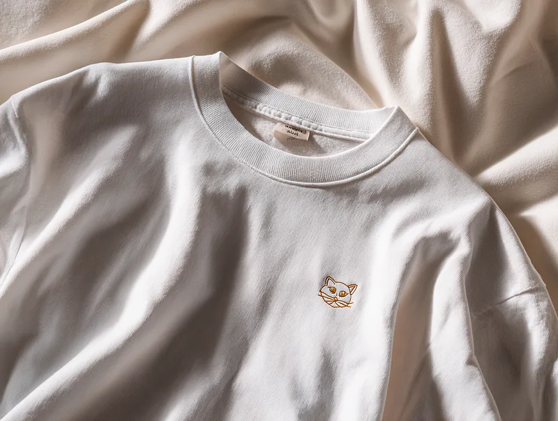 White T-shirt with a cat logo in an e-commerce product photograph