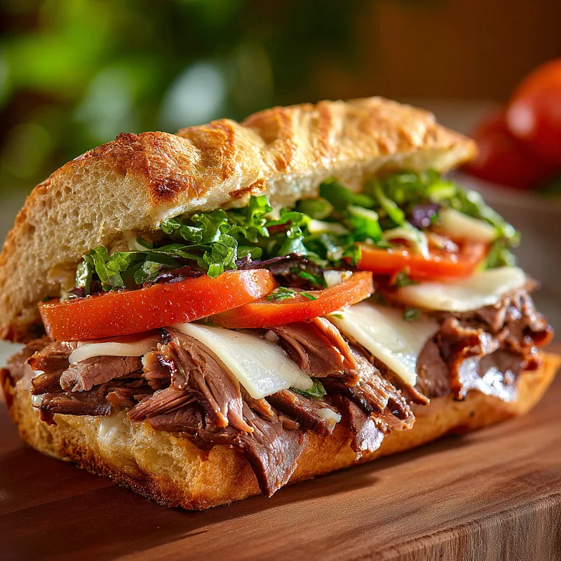 Roast beef sandwich photographed with shallow depth of field
