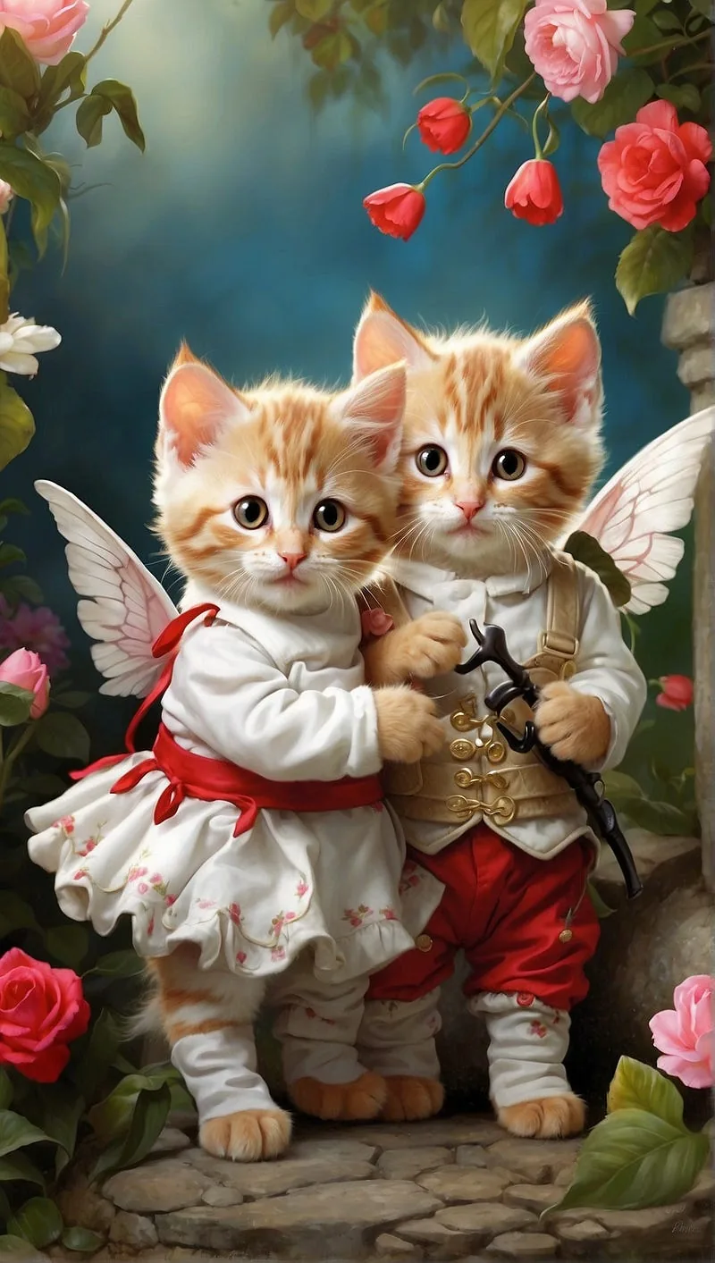 (two Playful kittens):20:(dressed as Cupid in a whimsical garden), illustration
