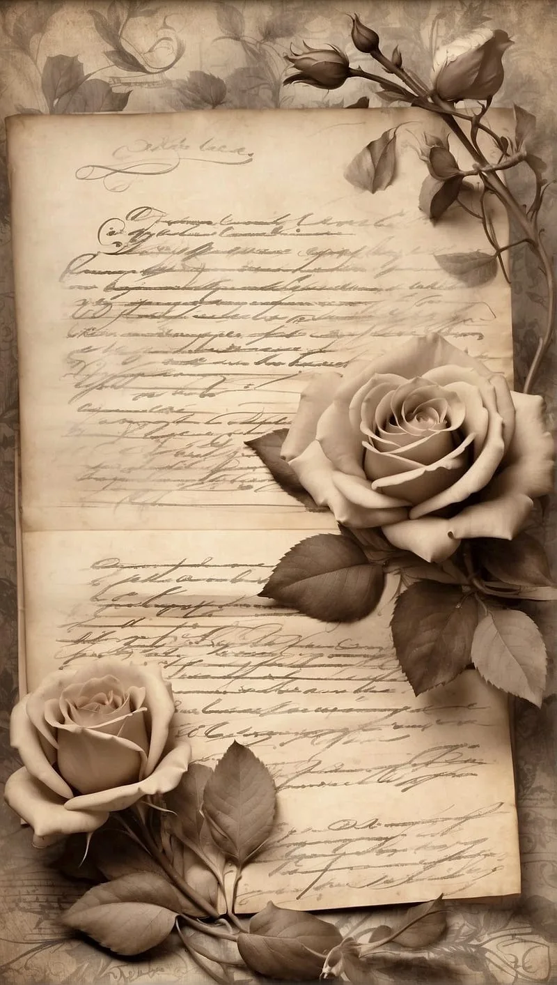 “Vintage love letters and roses with a sepia tone, evoking timeless romance.”