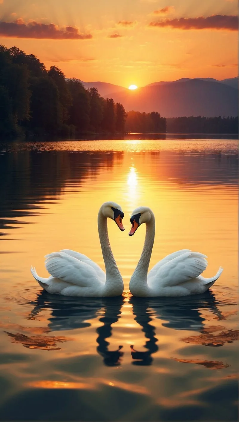 “Elegant swans forming a heart shape on a serene lake at sunset.”