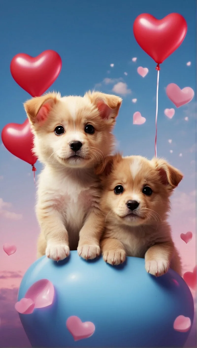 “Cute puppies holding a heart-shaped balloon, with a backdrop of floating hearts.”
