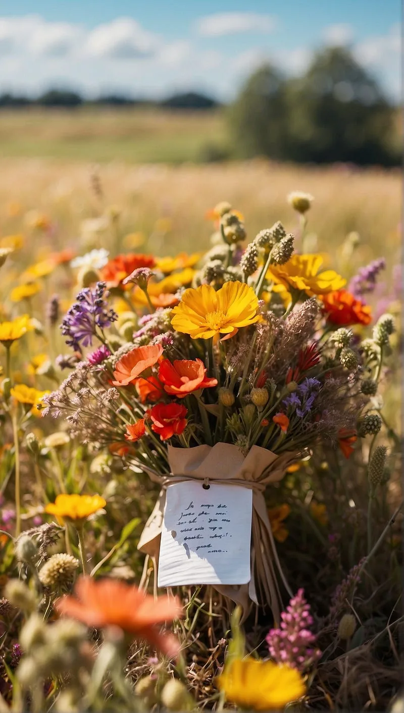“A bouquet of wildflowers wrapped with a love note, in a bright, sunny field.”