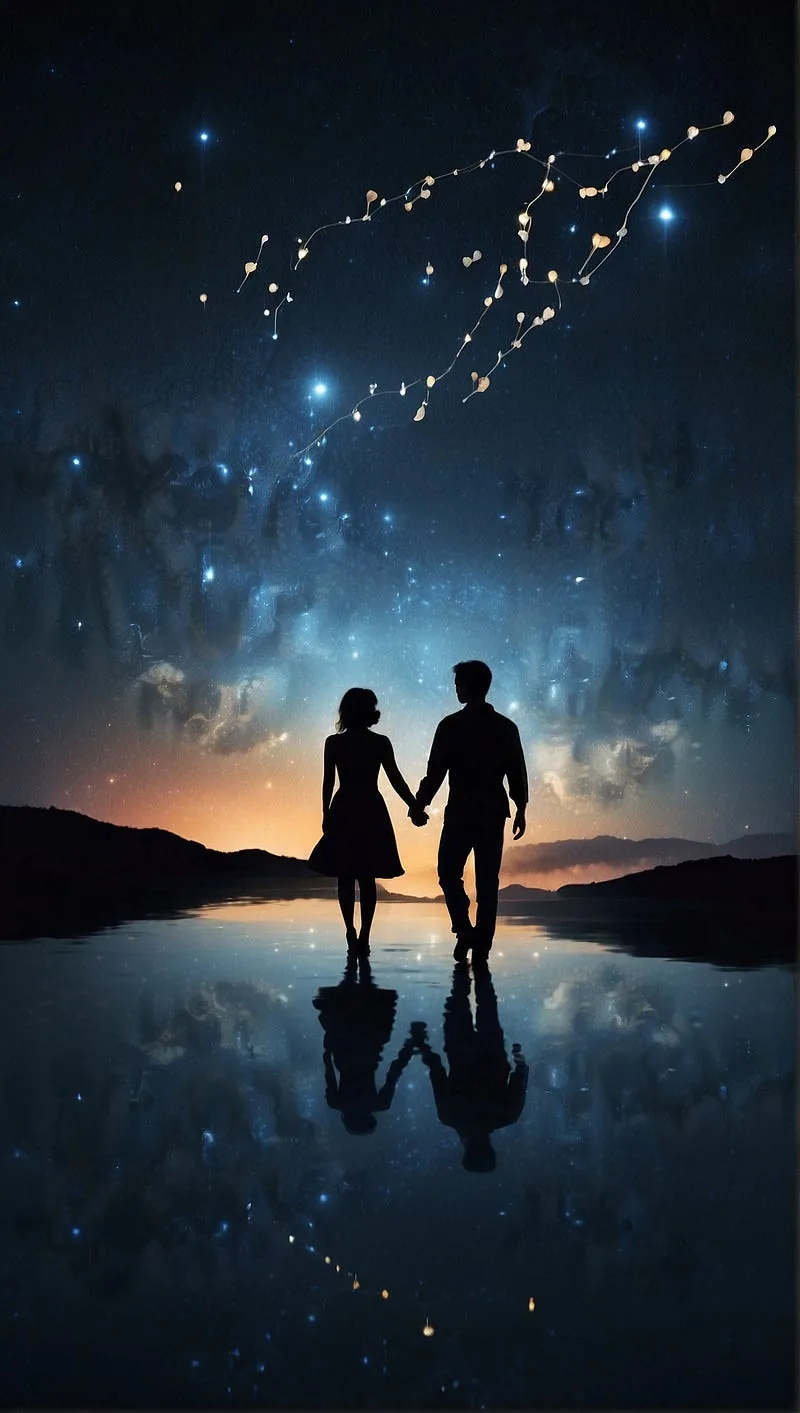 “A silhouette of a couple holding hands, with a heart constellation in the night sky.”
