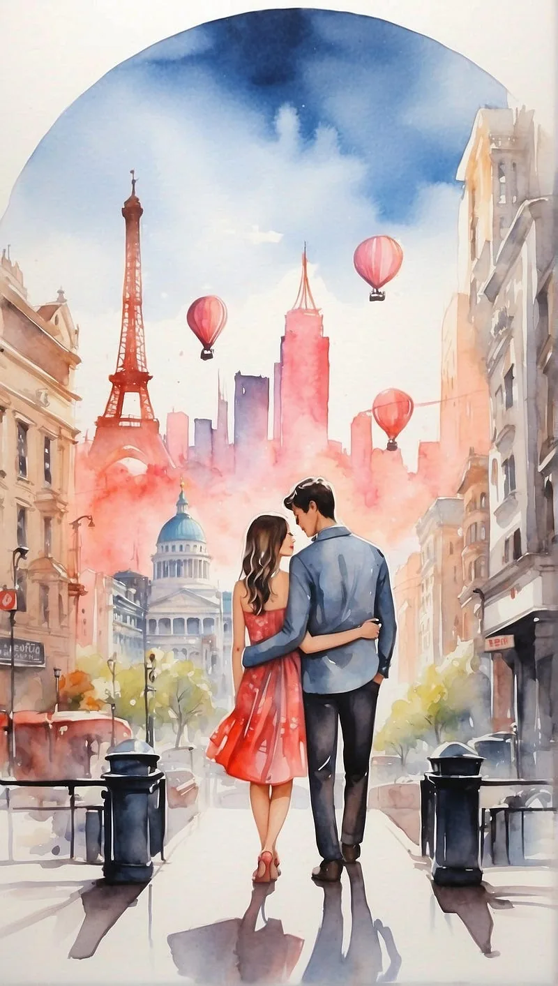“A watercolor cityscape with famous landmarks, and couples in love at each spot.”
